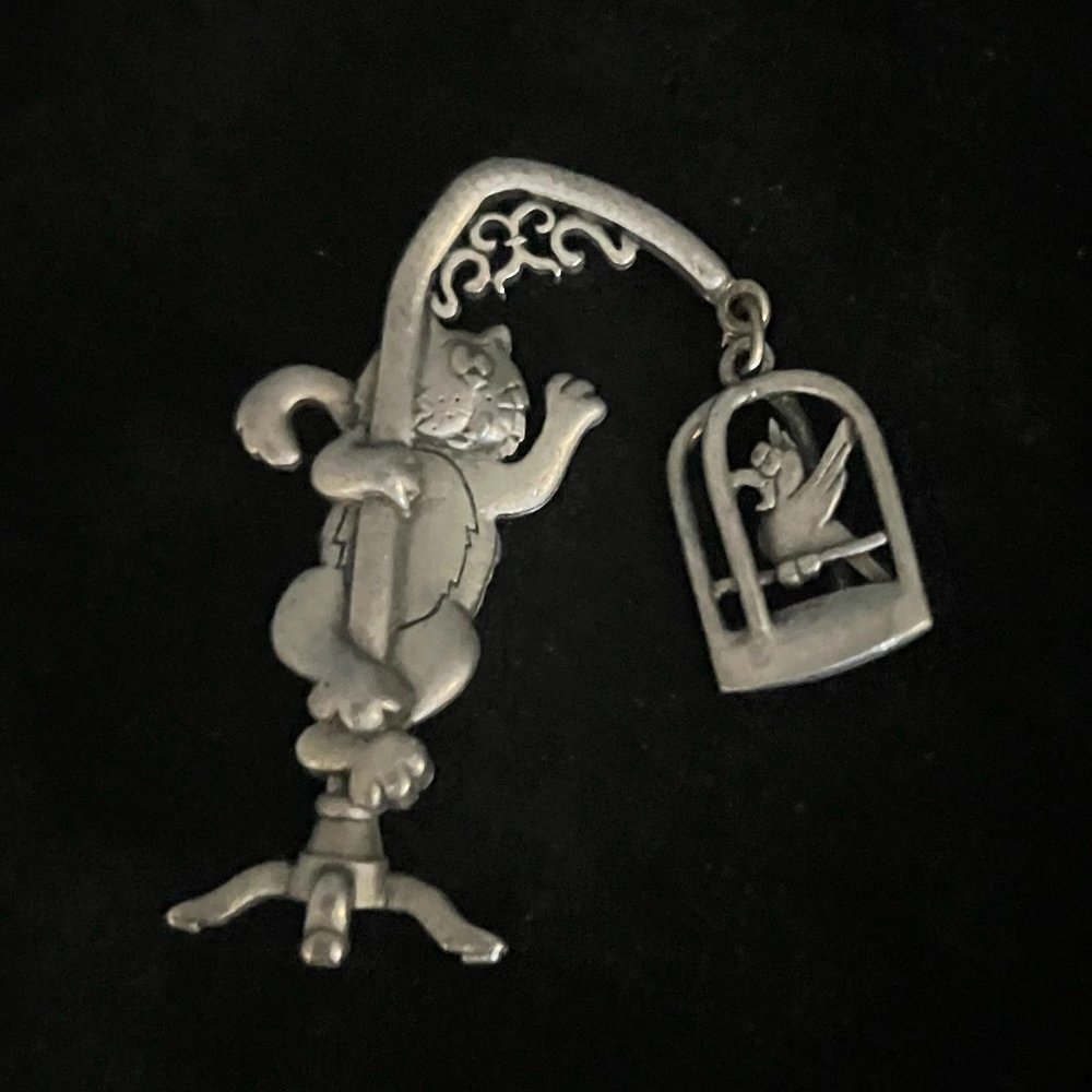JJ Jonette Vintage Pewter-Tone "Cat & Bird in Cage" Brooch